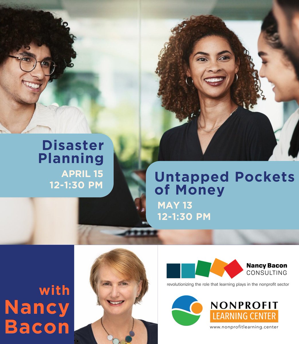 Please join us as we continue our Nonprofit Learning Series with Nancy Bacon on April 15 and May 13! The next two webinars will cover Disaster Planning and  Untapped Pockets of Money. Register at innovia.org/nonprofits