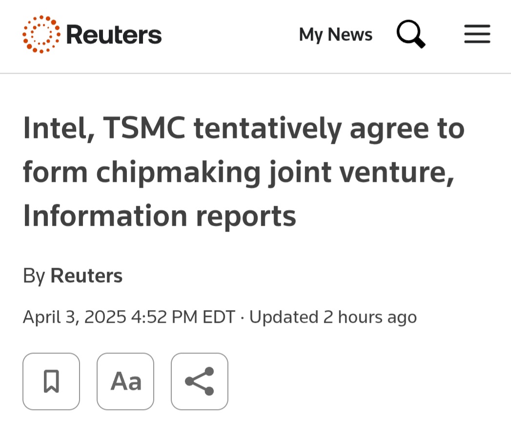 The new guy moves fast.
"Intel and TSMC have reached a preliminary agreement to form a joint venture to operate the U.S. chipmaker's factories, the Information reported on Thursday, citing two people involved in the discussions."