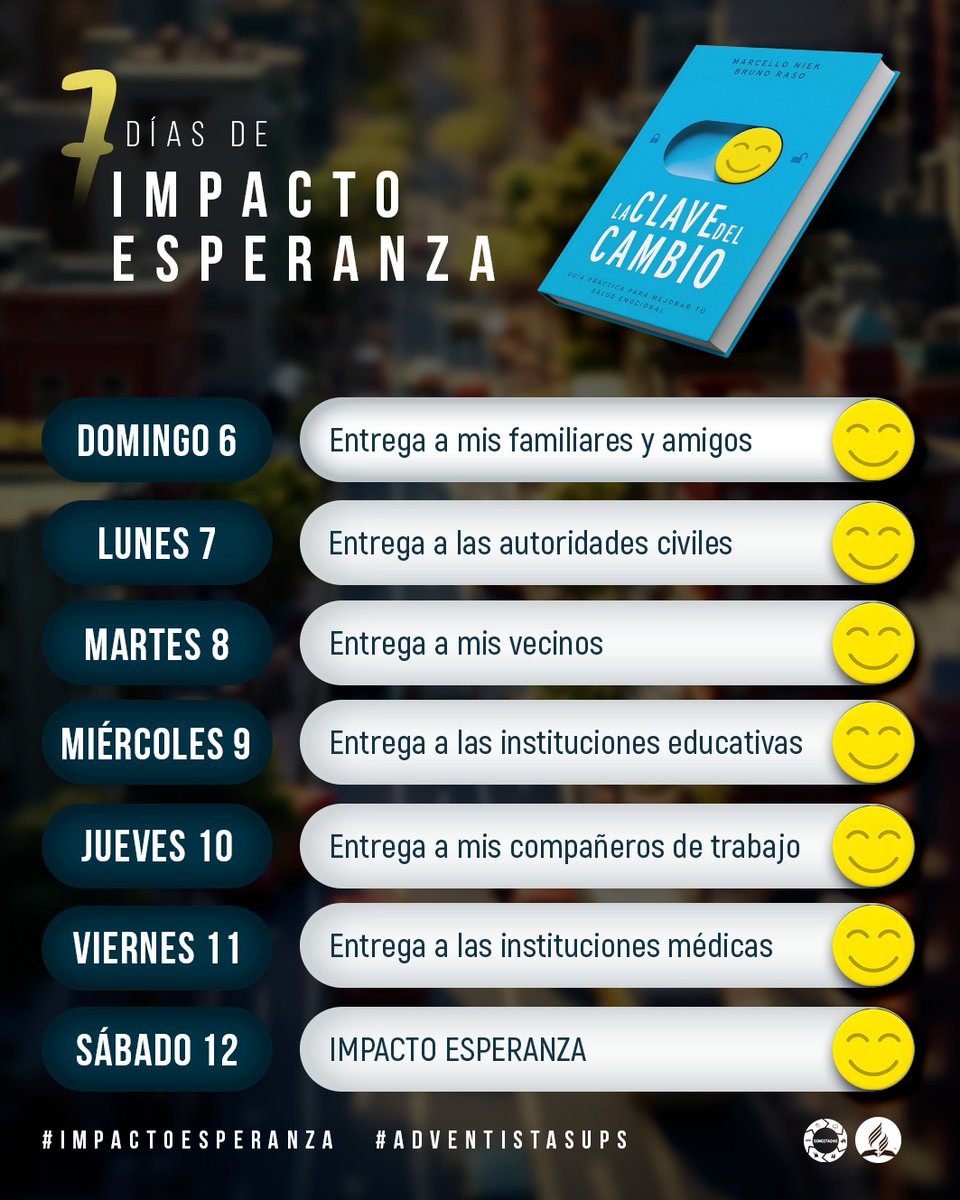 HaroCaleb's tweet photo. #ImpactoEsperanza | 7 días de impacto 

En toda la Unión Peruana del Sur, tendremos 7 días de impacto, con entregas personales y entregas masivas. Al rededor de un millón de libros serán entregados con una invitación a Semana Santa. ¡Participa! 🙌

#7DíasDeImpacto
#AdventistasUPS https://t.co/JCw60taruH