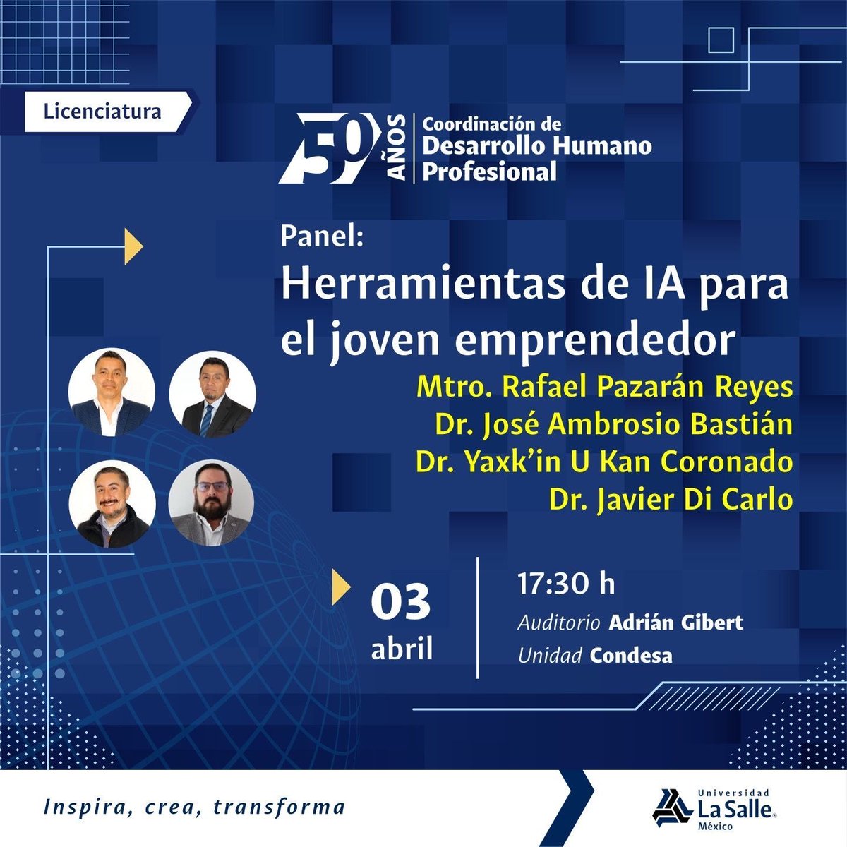 CDHP_LASALLEMX's tweet photo. Participa en el panel “Herramientas de IA para el joven emprendedor” impartido por diversos especialistas de nuestra Universidad, hoy a las 17:30 horas #50años #CDHP #LaSalle #Indivisamanent https://t.co/zDtTzIL0op
