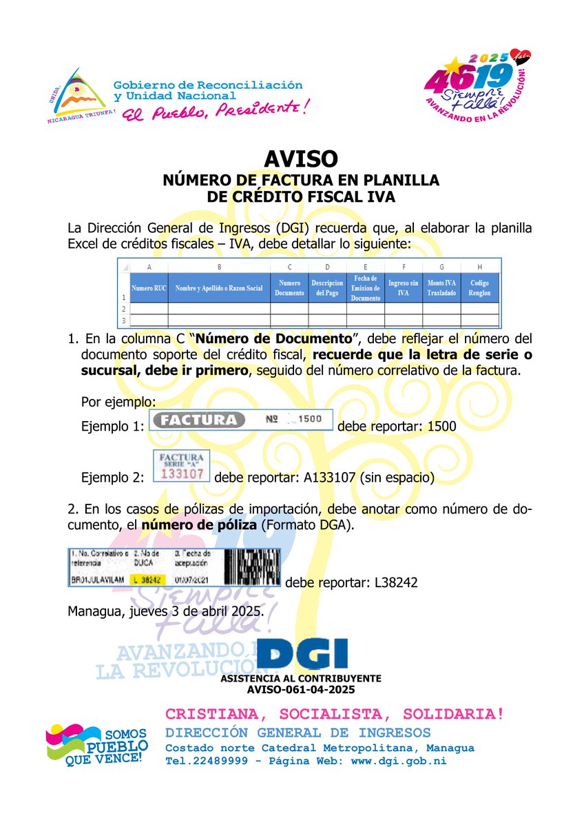 Se publico AVISO-061-04-2025, DGI recuerda poner correctamente el número de documento en planilla de crédito fiscal IVA.