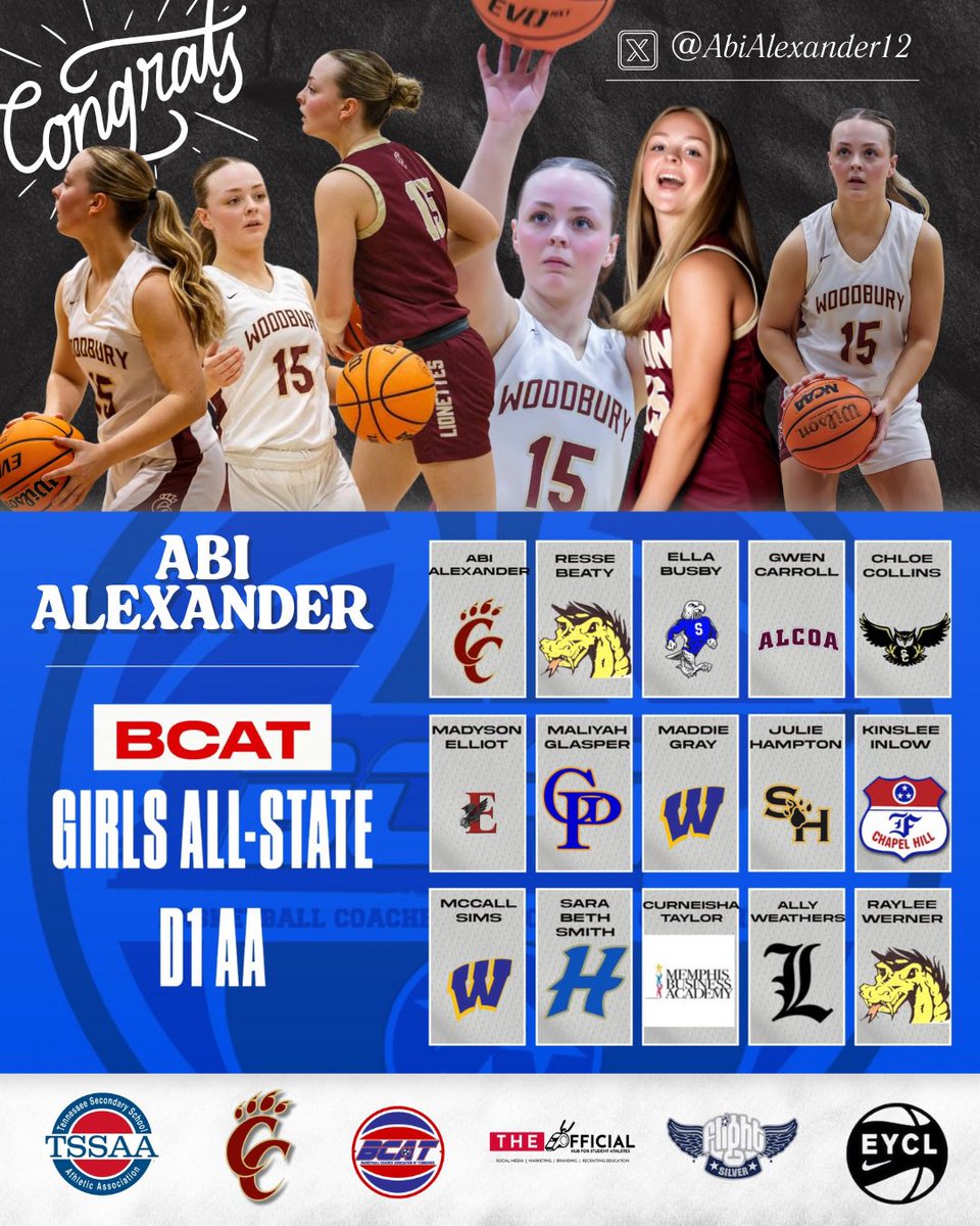 The Official Hub (@theofficial_hub) on Twitter photo Congratulations <a href="/AbiAlexander12/">Abi Alexander</a>
Basketball Coaches Association of TN
Girls All-State DII AA <a href="/BCATHOOPS/">BCAT</a>
<a href="/CannonLionettes/">Cannon County Lionettes Basketball</a> <a href="/TNFlightEYBL/">Tennessee Flight EYBL</a> <a href="/dnj_sports/">dnj_sports</a> <a href="/NashvillePreps/">TN Prep Sports</a> <a href="/615Preps/">615 Preps</a> <a href="/TheUncommitted0/">The Uncommitted</a> <a href="/U_C_Reporter/">Upper Cumberland Reporter</a> <a href="/KevinMoses38/">Kevin Moses LLC</a> <a href="/KyleShipleyk/">Coach Shipley</a> <a href="/PGHTennessee/">Prep Girls Hoops Tennessee</a> Congratulations <a href="/AbiAlexander12/">Abi Alexander</a>
Basketball Coaches Association of TN
Girls All-State DII AA <a href="/BCATHOOPS/">BCAT</a>
<a href="/CannonLionettes/">Cannon County Lionettes Basketball</a> <a href="/TNFlightEYBL/">Tennessee Flight EYBL</a> <a href="/dnj_sports/">dnj_sports</a> <a href="/NashvillePreps/">TN Prep Sports</a> <a href="/615Preps/">615 Preps</a> <a href="/TheUncommitted0/">The Uncommitted</a> <a href="/U_C_Reporter/">Upper Cumberland Reporter</a> <a href="/KevinMoses38/">Kevin Moses LLC</a> <a href="/KyleShipleyk/">Coach Shipley</a> <a href="/PGHTennessee/">Prep Girls Hoops Tennessee</a>