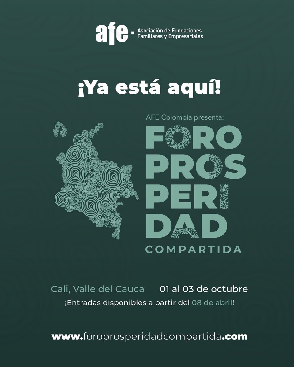 ¡Lanzamos el #ForoProsperidadCompartida2025!
01 al 03 de octubre en Cali, Hotel InterContinental.
Conferencias, territorio y alianzas para fortalecer la cooperación privada en Colombia.
Entradas disponibles desde abril 8
Más info: foroprosperidadcompartida.com
#ConectarParaTransformar