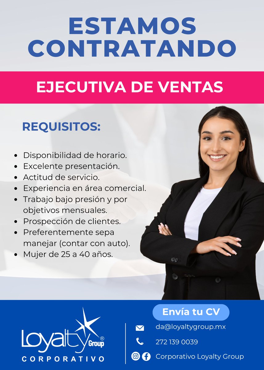 LoyaltyTravel3's tweet photo. ¡Ampliamos nuestro equipo! 📈
Si tienes facilidad de palabra, orientación al cliente y te motiva alcanzar objetivos, te estamos buscando. ¡Tú puedes ser nuestro próximo Agente de Ventas! 
Pregunta por más detalles y envíanos tu CV. ✨
📩da@loyaltygroup.mx
📲272 139 0039 https://t.co/1eaWLKfuYT
