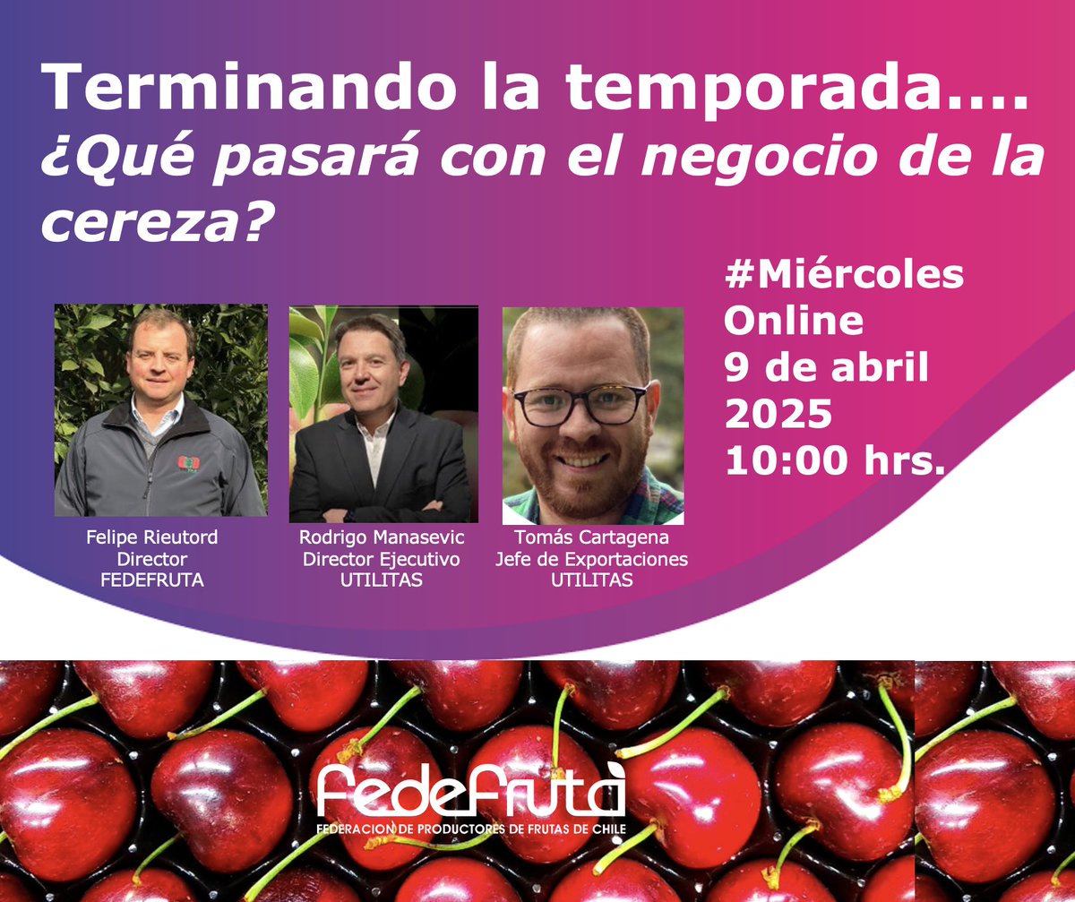 Tras un agitado inicio de año en la comercialización de uno de nuestros productos estrella: La Cereza; Fedefruta inicia su ciclo de Miércoles Online 2025, este 9 de abril,  con este interesante tema. 
Regístrate aquí: us06web.zoom.us/meeting/regist…