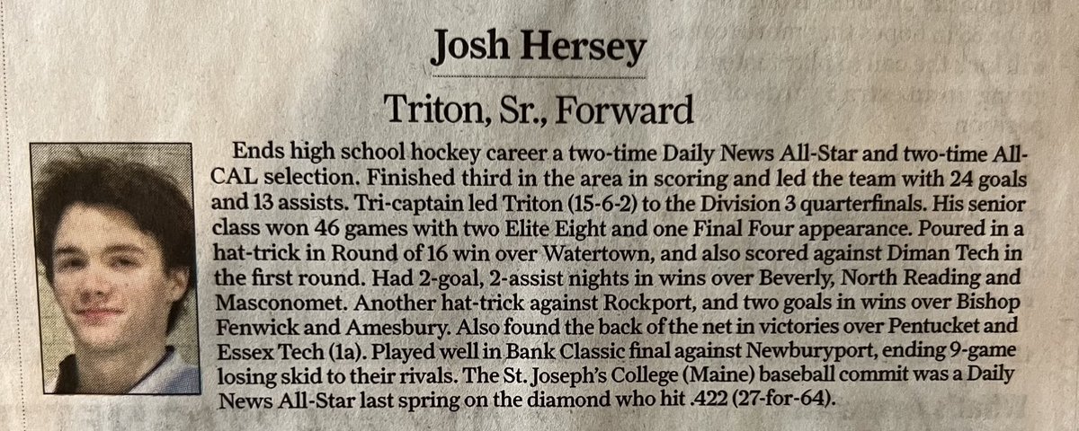 Congratulations to Josh Hersey, Luke Sullivan, and Gavin Marengi for being named Boys Hockey All-Stars by the Daily News of Newburyport. Honorable Mention to Connor Rumph, Mason Colby, and Michael Taylor.
