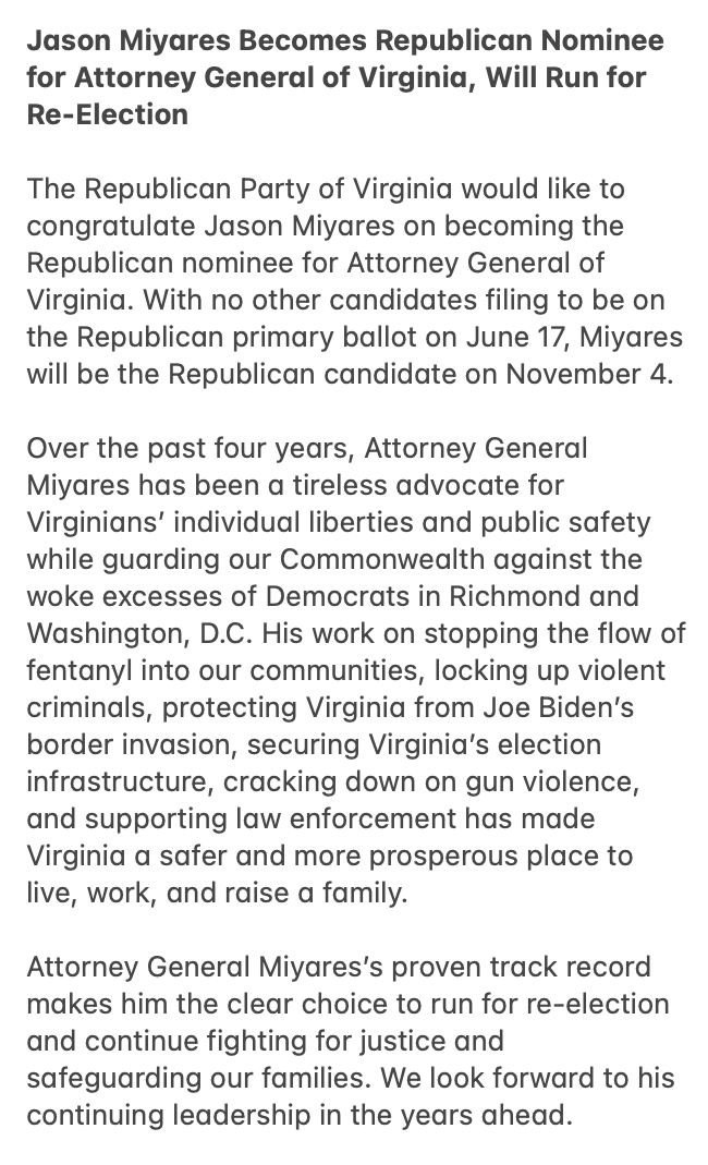 VA_GOP's tweet photo. 🚨The Republican Party of Virginia announces that @JasonMiyaresVA will be our nominee for Attorney General of Virginia this November.

Full statement👇 https://t.co/xuVTsbvYIE