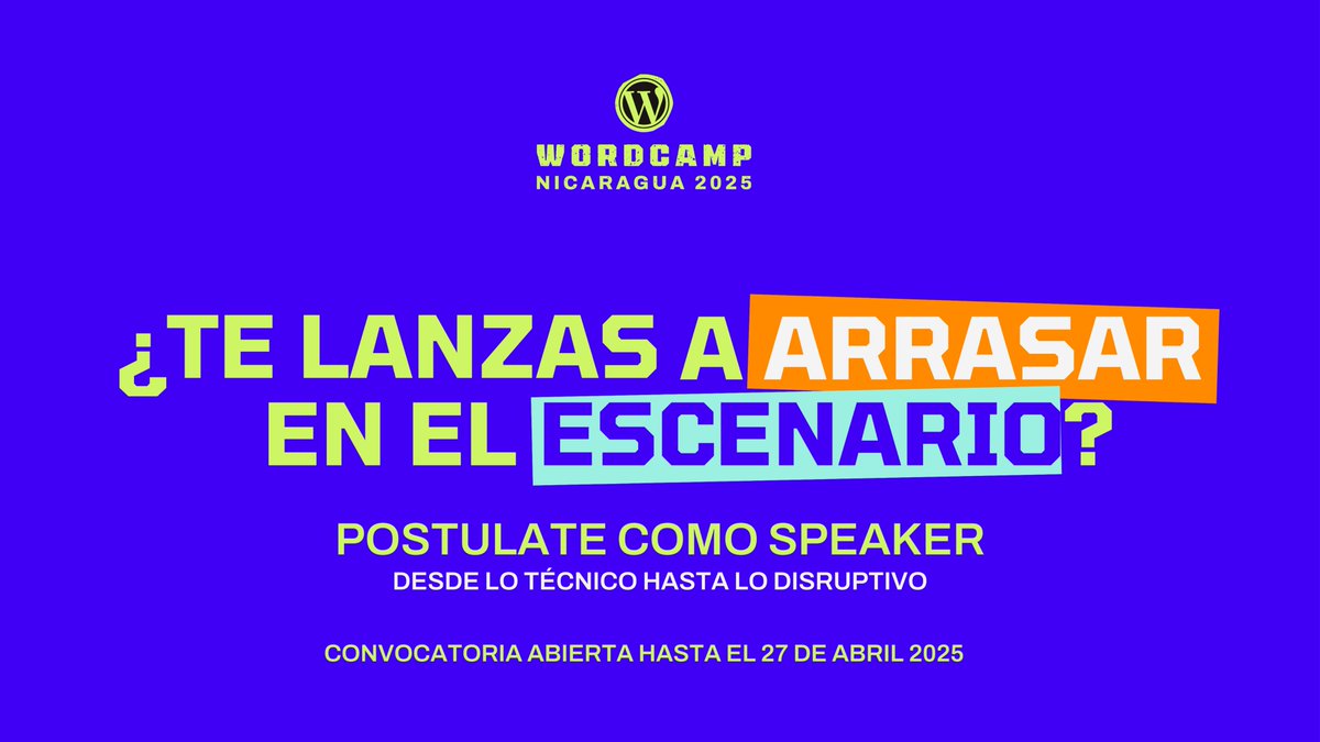 ¡WordCamp Nicaragua busca voces que desafíen lo establecido! 🚀 Postulate como speaker y sumate a la innovación disruptiva.

⚠️ Convocatoria abierta hasta el 27 de abril

¡Postulate! ➡️ bit.ly/3DT5cD1

#WordCampNicaragua #WCNIC #SpeakersWCNIC #InnovaciónDisruptiva