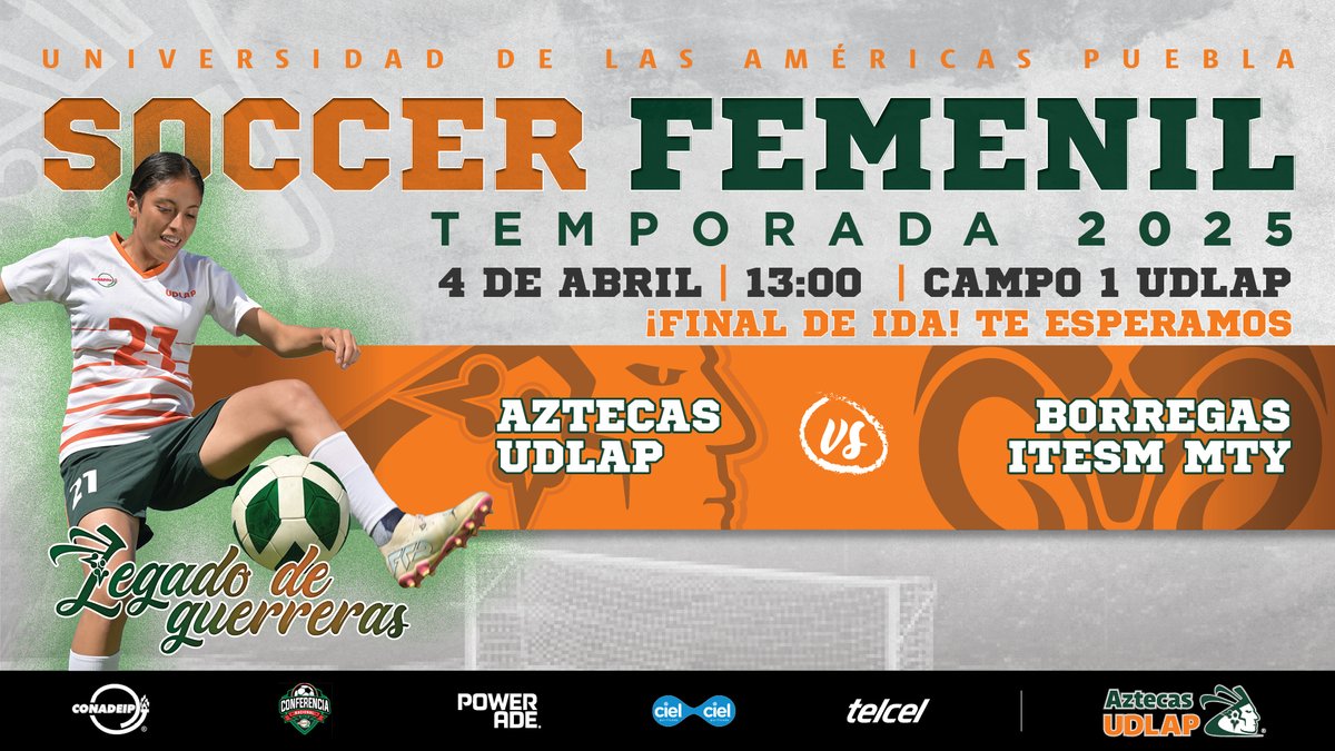 UDLAP (@udlap) on Twitter photo Todo listo para el primer partido de la gran final de soccer femenil de la <a href="/CONADEIPmx/">CONADEIP México</a>.
Aztecas #UDLAP vs <a href="/BorregosMty/">Borregos Monterrey</a> ⚽
Nos vemos este 4 de abril a las 13:00 h en el campo 1.
#VamosporEllas #FutbolFemenil
#TodosSomosAztecas
<a href="/_carlamileo/">Carla ⭐️⭐️⭐️</a> <a href="/13Yaelromero/">YaelRomero13 🎙️ 🎀</a> <a href="/mafeland89/">Maria Fernanda Franco Luna</a> <a href="/EllasDeporte/">Ellas en el Deporte</a> Todo listo para el primer partido de la gran final de soccer femenil de la <a href="/CONADEIPmx/">CONADEIP México</a>.
Aztecas #UDLAP vs <a href="/BorregosMty/">Borregos Monterrey</a> ⚽
Nos vemos este 4 de abril a las 13:00 h en el campo 1.
#VamosporEllas #FutbolFemenil
#TodosSomosAztecas
<a href="/_carlamileo/">Carla ⭐️⭐️⭐️</a> <a href="/13Yaelromero/">YaelRomero13 🎙️ 🎀</a> <a href="/mafeland89/">Maria Fernanda Franco Luna</a> <a href="/EllasDeporte/">Ellas en el Deporte</a>