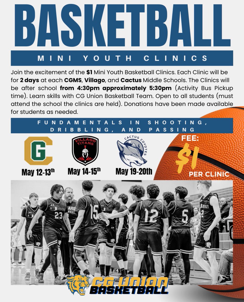 CGUnionHoops's tweet photo. The Casa Grande Union Middle School Mini Clinics are back! CG Union Basketball will be hosting a 2 Day Mini Basketball Climc at CGMS, Villago, and Cactus Middle Schools this May. See flyer for details.
@CGUHSD_82 https://t.co/ymhHRm7hFn