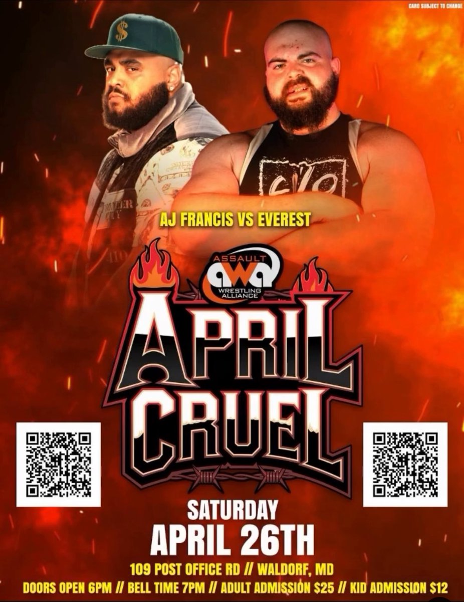 Everest_Pro_Wrestler (@everest_pw) on Twitter photo April 26th, Waldorf Maryland is getting a hoss fight when I face TNA Star <a href="/ThisIsTNA/">TNA Wrestling</a> star <a href="/AJFrancis410/">A.J. FRANCI$ 💰</a> !! <a href="/AssaultWrestlin/">Assault Wrestling Alliance</a> better reinforce the ring for this! You can bet your “Top Dolla”, I’m coming out on top!! April 26th, Waldorf Maryland is getting a hoss fight when I face TNA Star <a href="/ThisIsTNA/">TNA Wrestling</a> star <a href="/AJFrancis410/">A.J. FRANCI$ 💰</a> !! <a href="/AssaultWrestlin/">Assault Wrestling Alliance</a> better reinforce the ring for this! You can bet your “Top Dolla”, I’m coming out on top!!
