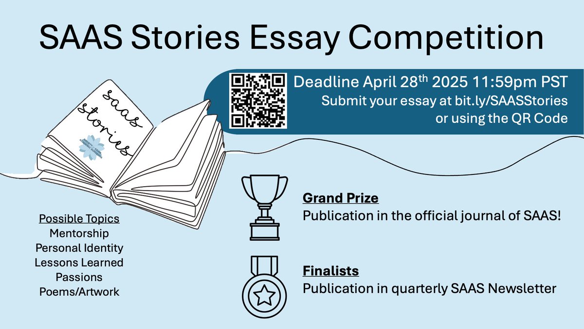 SocAsianAcadSurg (@asianacadsurg) on Twitter photo Tonight is the deadline for submissions to the 2025 Annual <a href="/AsianAcadSurg/">SocAsianAcadSurg</a> #SAASStories Essay Competition! Submit your essay at bit.ly/SAASStories
The winning essay will be published in the official journal of SAAS and all finalists will be published in the SAAS Newsletter! Tonight is the deadline for submissions to the 2025 Annual <a href="/AsianAcadSurg/">SocAsianAcadSurg</a> #SAASStories Essay Competition! Submit your essay at bit.ly/SAASStories
The winning essay will be published in the official journal of SAAS and all finalists will be published in the SAAS Newsletter!