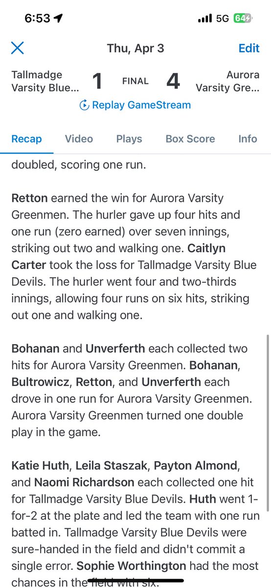 Aurora Softball (@softballaurora) on Twitter photo Aurora defeats Tallmadge 4-1.
<a href="/sretton2/">Sophie Retton</a> with the W and gave up no earned runs!
<a href="/lilabultrowicz2/">Lila Bultrowicz- uncommitted 2027</a> & <a href="/RaynaUnverferth/">Rayna Unverferth</a> with HOMERS!!!!! #dingerqueenz
Game recap below ๐๐ผ Aurora defeats Tallmadge 4-1.
<a href="/sretton2/">Sophie Retton</a> with the W and gave up no earned runs!
<a href="/lilabultrowicz2/">Lila Bultrowicz- uncommitted 2027</a> & <a href="/RaynaUnverferth/">Rayna Unverferth</a> with HOMERS!!!!! #dingerqueenz
Game recap below ๐๐ผ