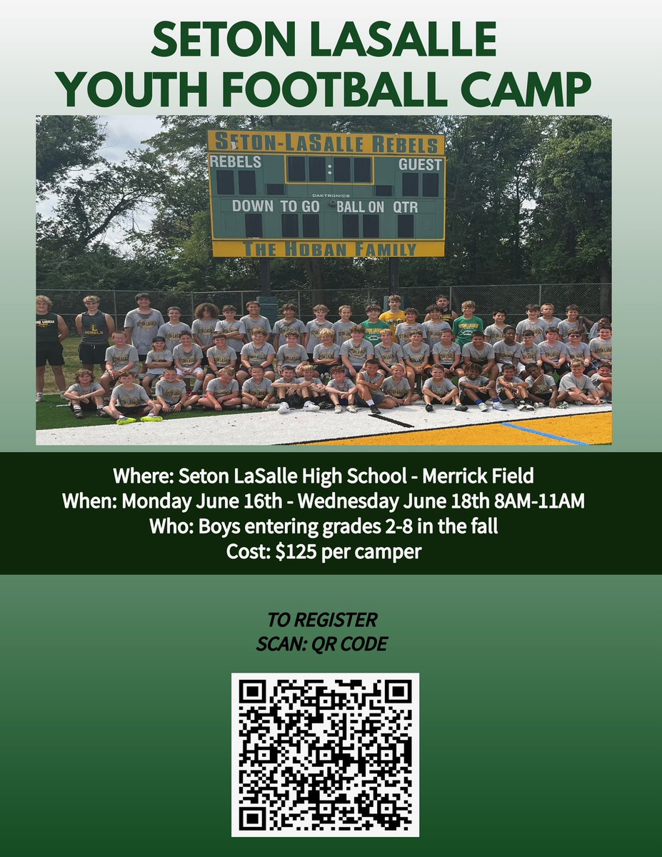 SLS Rebel Football Boosters (@slsqbclub) on Twitter photo 🏈 REBEL YOUTH FOOTBALL CAMP 🏈
📅 June 16 – June 18
⏰ 8 AM – 11 AM
📍 Seton LaSalle Merrick Field
Don’t miss this chance to learn from the best and become part of the Rebel football tradition!
💪💚 Register today!
#RebelPride <a href="/SLS_Football/">Rebel Football</a> <a href="/CoachStorino/">Coach Tim Storino</a> 🏈 REBEL YOUTH FOOTBALL CAMP 🏈
📅 June 16 – June 18
⏰ 8 AM – 11 AM
📍 Seton LaSalle Merrick Field
Don’t miss this chance to learn from the best and become part of the Rebel football tradition!
💪💚 Register today!
#RebelPride <a href="/SLS_Football/">Rebel Football</a> <a href="/CoachStorino/">Coach Tim Storino</a>