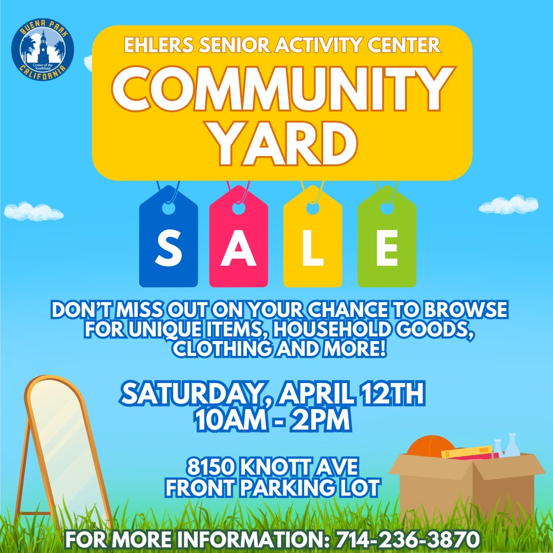 🛍️ Two exciting community events are coming to Buena Park!
✨ Buena Park City-Wide Yard Sale | April 12 
Register by April 8: buenapark.com/yardsale

✨ Community Yard Sale | April 19 | 10 AM-2 PM
Shop &amp; sell at Ehlers Event Center! Vendor spots available: 714-236-3870