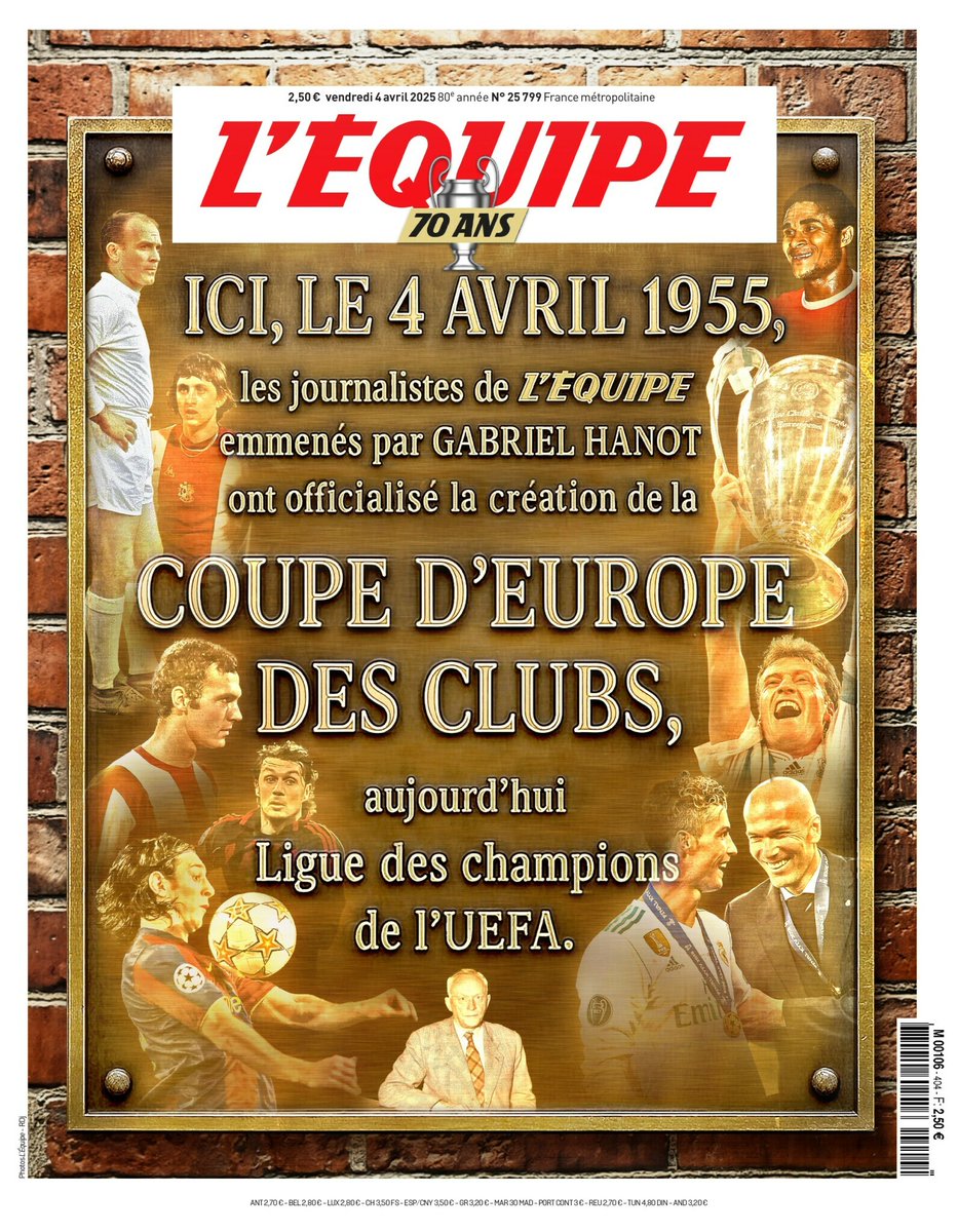 O jornal <a href="/lequipe/">L'Équipe</a> assinala os 70 anos da criação da Taça dos Clubes Campeões Europeus, atual Liga dos Campeões, com Ronaldo e Eusébio na capa.