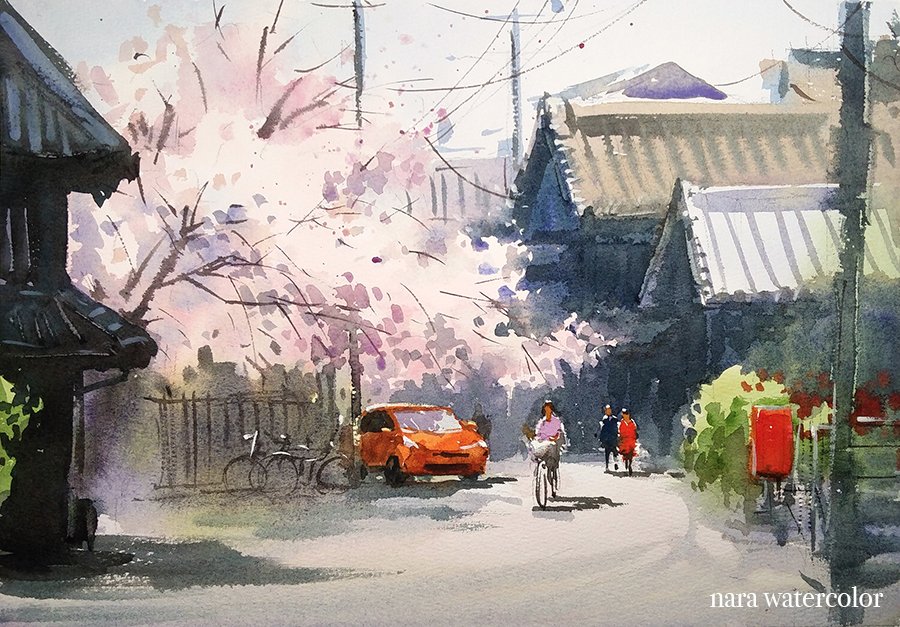 桜の路地 。 Youtube動画も〜 #水彩画 #watercolor #風景画