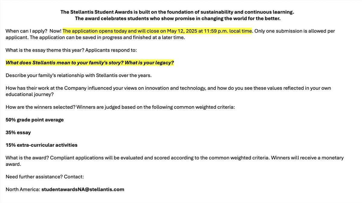 UAWLocal1264's tweet photo. 🎓 The 2025 Stellantis Student Awards are NOW OPEN!
If you’re the child of a Stellantis employee who graduated in 2024, you could win a monetary award for your achievements and your story.

Deadline: May 12, 2025 at 11:59 p.m. local time

Contact ➡️ studentawardsNA@stellantis.com https://t.co/MTbc24XIGM