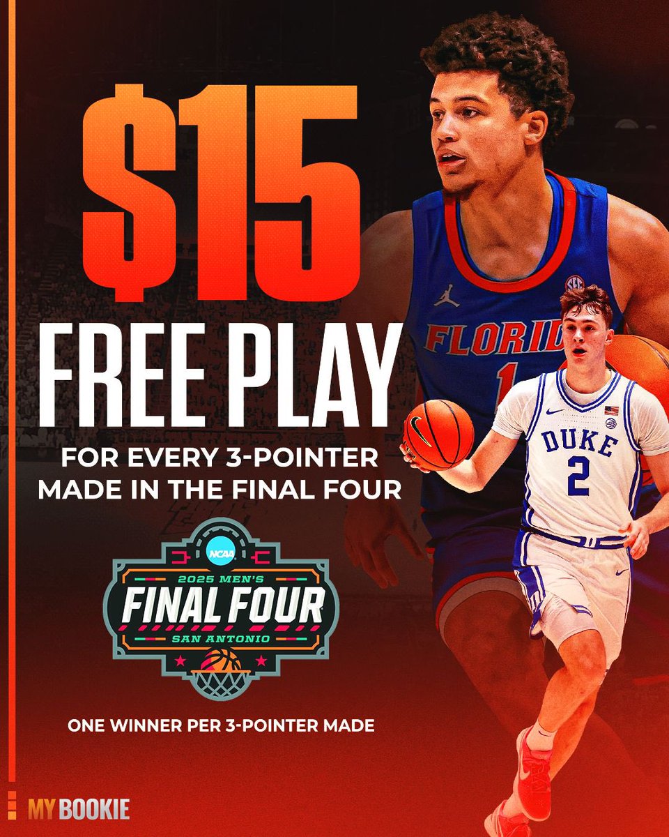 MyBookie - Bet With The Best (@mybookie) on Twitter photo FINAL FOUR FREE PLAY!
Every 3pt shot made in both #FinalFour games this weekend we will give a follower a $15 FREE PLAY!
How to enter ⤵️
- Like + RT this post
- Must be following <a href="/MyBookie/">MyBookie - Bet With The Best</a>
- Reply with your champion in a GIF! FINAL FOUR FREE PLAY!
Every 3pt shot made in both #FinalFour games this weekend we will give a follower a $15 FREE PLAY!
How to enter ⤵️
- Like + RT this post
- Must be following <a href="/MyBookie/">MyBookie - Bet With The Best</a>
- Reply with your champion in a GIF!