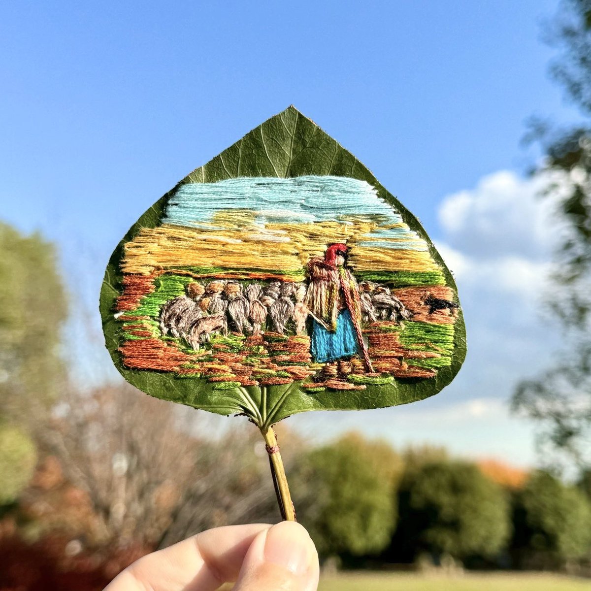 葉っぱに名画 「羊飼いの少女」 #ミレー