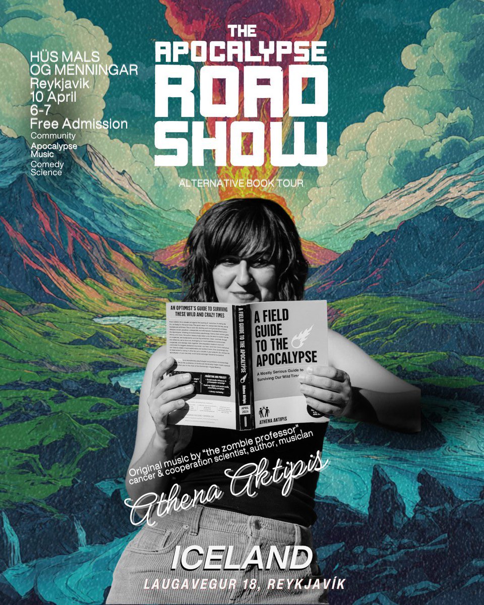 Athena Aktipis (@athenaaktipis) on Twitter photo When I’m in Reykjavik, I always stop by my favorite coffee house. Turns out I’ll be there April 10th, and I’m bringing the Apocalypse Roadshow! 6PM at Hüs Máls Og Menningar, in the heart of downtown! Featuring my book, live music and survival wisdom for wild times <a href="/apocaroadshow/">Apocalypse Roadshow</a> When I’m in Reykjavik, I always stop by my favorite coffee house. Turns out I’ll be there April 10th, and I’m bringing the Apocalypse Roadshow! 6PM at Hüs Máls Og Menningar, in the heart of downtown! Featuring my book, live music and survival wisdom for wild times <a href="/apocaroadshow/">Apocalypse Roadshow</a>