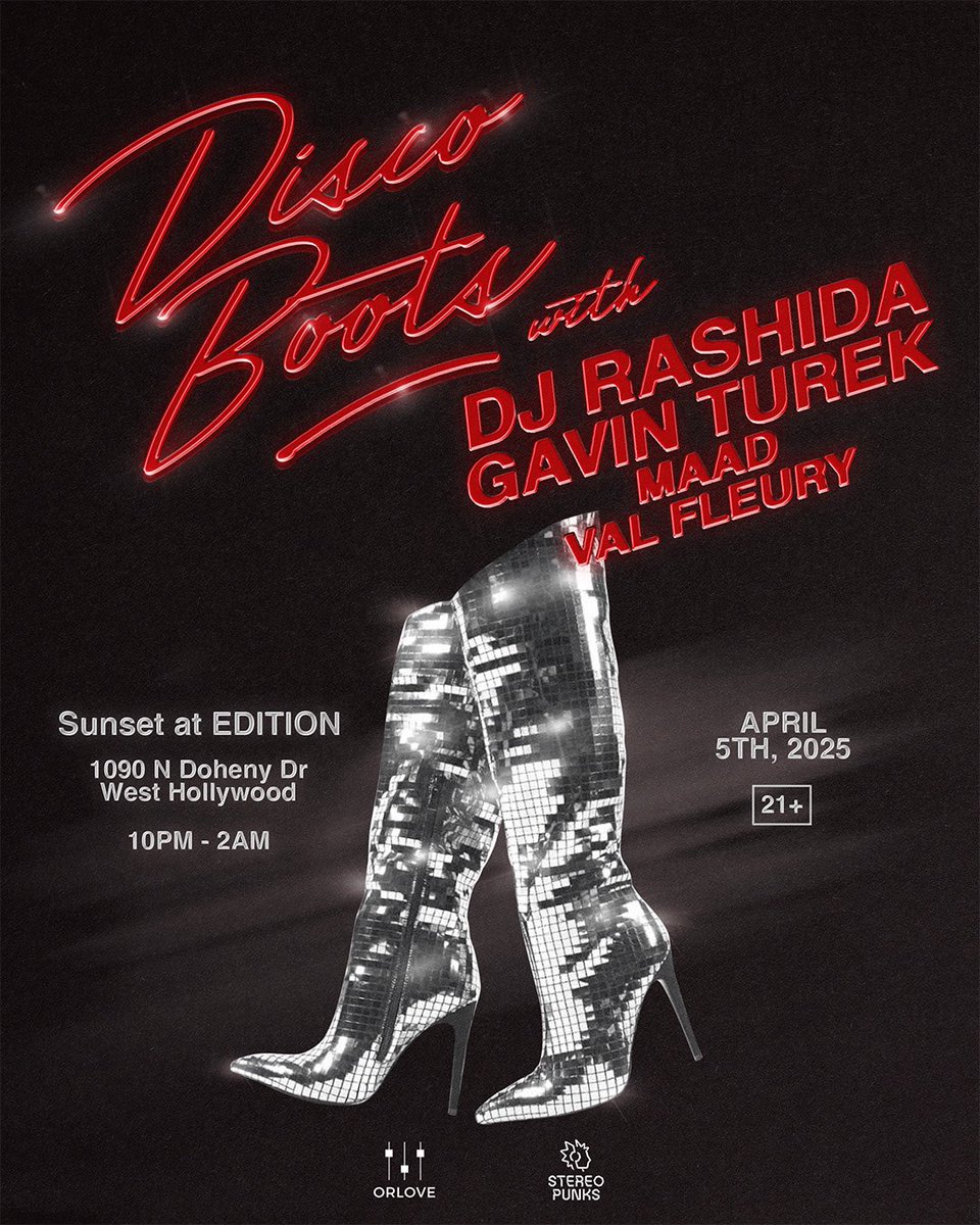 LOS ANGELES!!! Can’t wait to dance with you SATURDAY 4/4 at Sunset at EDITION for Disco Boots! 🪩 w/ Special guest <a href="/DJRASHIDA/">RASHIDA</a> <a href="/shesMAAD/">MAAD</a> <a href="/iamValFleury/">Val Fleury</a> &amp; me on the decks ❤️

RSVP / FREE: eventbrite.com/e/disco-boots-…