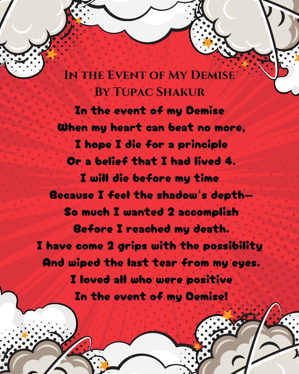 APTPaction's tweet image. Day 3 of our poem series ✊🏾

"In the Event of My Demise" by Tupac Shakur reminds us: "I hope I die for a principle / Or a belief that I had lived 4."

Purpose. Legacy. Love. Always.
#APTP #PoetryAsResistance #TupacShakur #InTheEventOfMyDemise