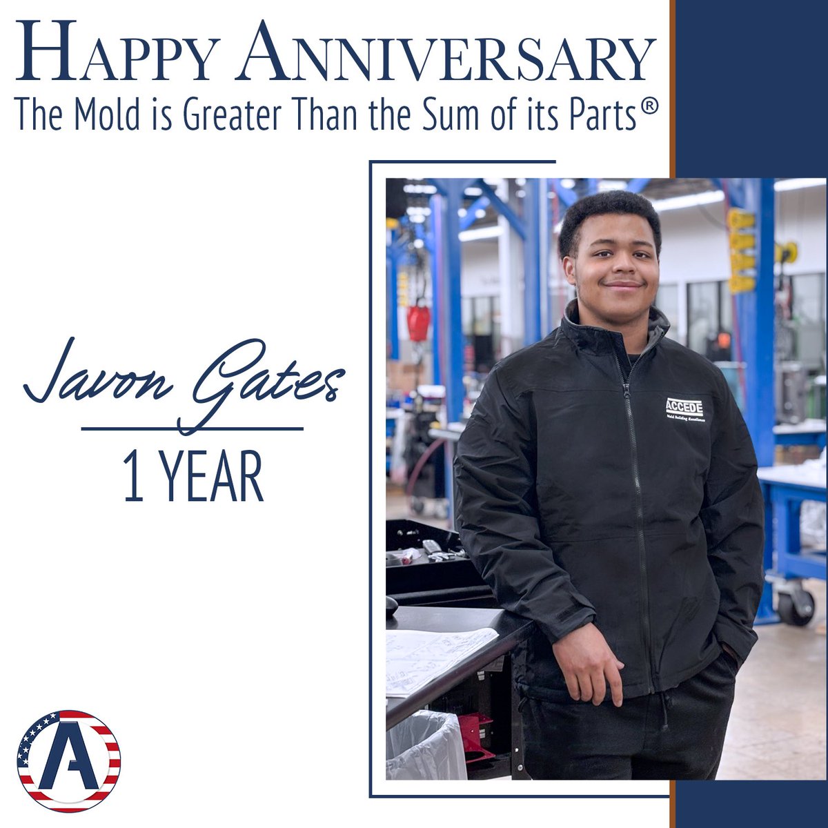 The mold is greater than the sum of its parts!

Please join us in celebrating Javon Gates' 1st anniversary!

Thank you for being part of our team and contributing to #MoldBuildingExcellence. Here’s to continued success ahead! 👏

#MoldMaking #AdvancedManufacturing #MadeInTheUSA
