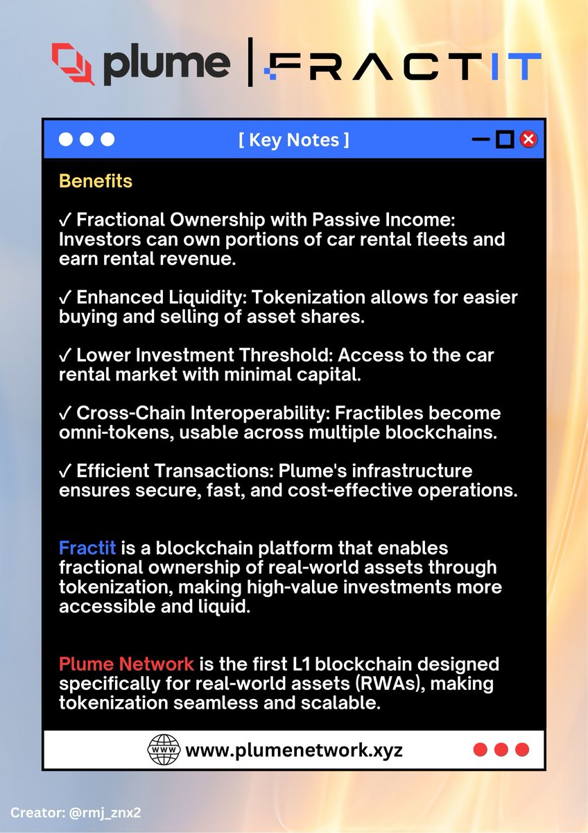 rmj_znx2's tweet photo. Own a piece of the real world. Fractit brings car rental fleets on-chain with Plume - making investing easier, faster, and more accessible. #RWAfi #plume #Fractit https://t.co/l8OilXlVf7