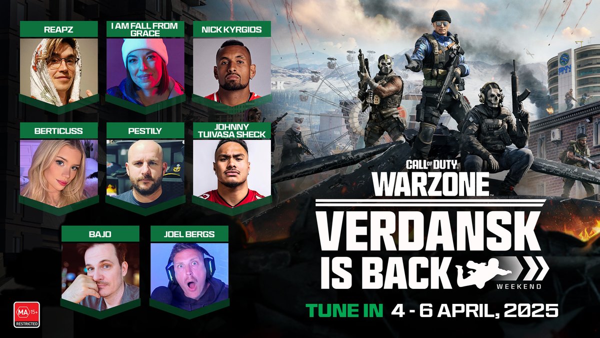 Are you ready for a ripper of a weekend? 

We’re celebrating #VerdanskReturns with a weekend-long event featuring some of your favourite streamers, content creators, and a special guest! 🎾

Drop in - Verdansk is calling!
