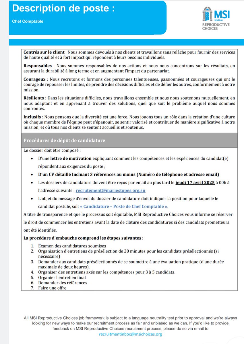 📌ONG MSI recrute Chef Comptable🚨