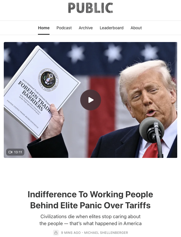 shellenberger's tweet photo. A majority of Americans favor bringing manufacturing back to the US, and voters elected Trump to do so. Some elites panicking over his tariffs genuinely think they're bad for working people. But many others just care more about their stock portfolios than their fellow Americans. https://t.co/5RSu8kLQzX