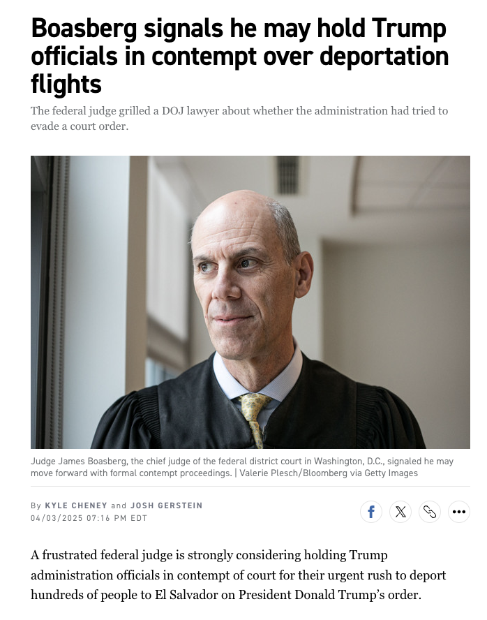 Kyle Cheney (@kyledcheney) on Twitter photo NEW: Judge Boasberg is strongly considering holding Trump administration officials in contempt for what he said was a "bad faith" effort to avoid legal scrutiny of Trump's Alien Enemies Act deportations.
w/ <a href="/joshgerstein/">Josh Gerstein</a>
politico.com/news/2025/04/0… NEW: Judge Boasberg is strongly considering holding Trump administration officials in contempt for what he said was a "bad faith" effort to avoid legal scrutiny of Trump's Alien Enemies Act deportations.
w/ <a href="/joshgerstein/">Josh Gerstein</a>
politico.com/news/2025/04/0…