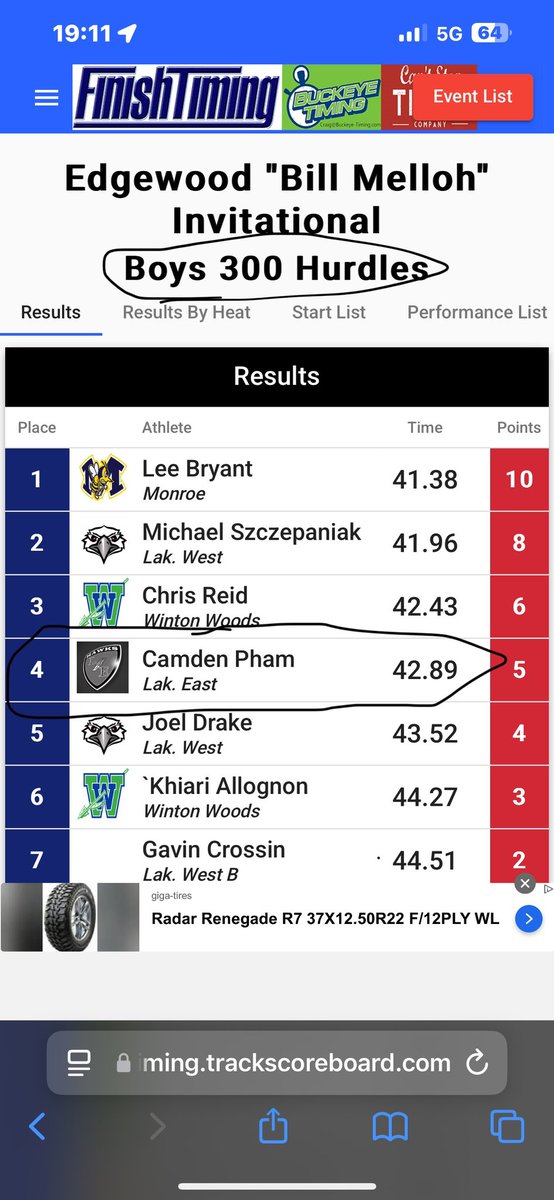 First 2 meets FR year. 100m: 11.37, 4x400 Split Time: 55.03, 300m Hurdles PR twice: 43.62 —&gt; 42.89. <a href="/LakotaEastTF/">Lakota East Track & Field</a>