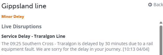 tenrobots's tweet photo. Apparently a 30 minute delay is a "minor delay" for @vline - and no mention of the delay on the inbound service. https://t.co/kKBQY5mSel