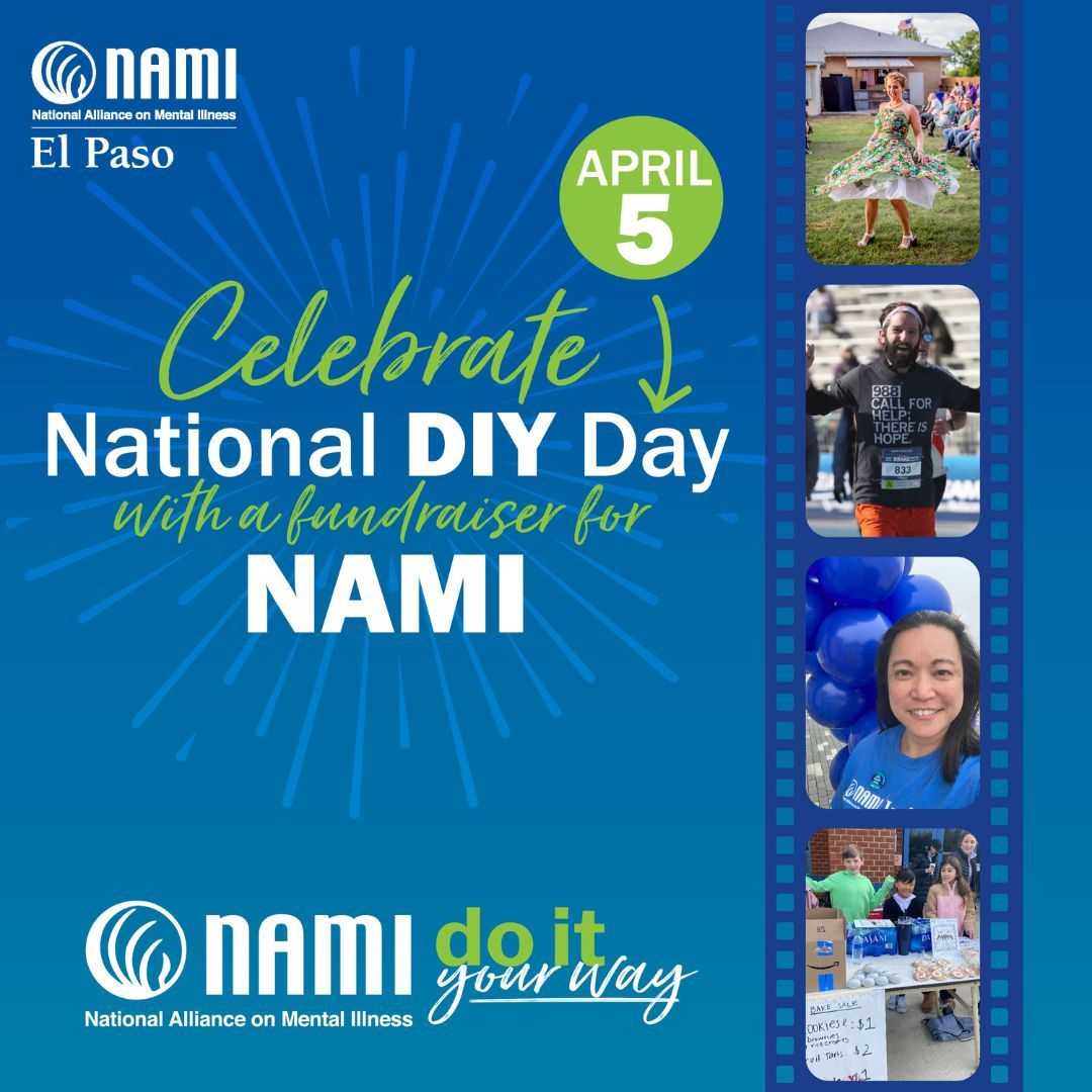 NAMIElPaso's tweet photo. 🌟 Celebrate National DIY Day with NAMI! 🌟
On April 5, join NAMI's #DoItYourWay campaign to support mental health. 🎨🛠️ Host a virtual event, share your story, or turn your hobby into a fundraiser to raise awareness and build community. 💙 https://t.co/Q3EkBH7KwE