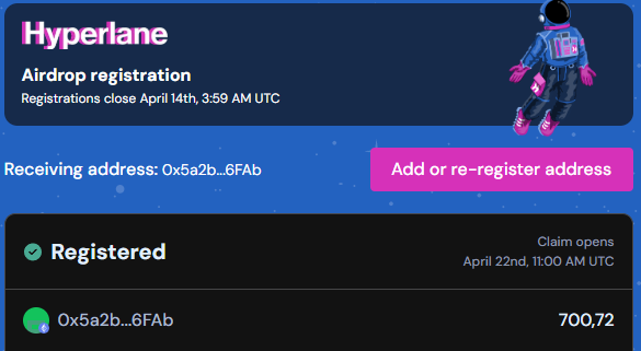 web3subicerr's tweet image. Hyperlane $HYPER エアドロップのチェッカーはライブです🪂

4月14日までに事前登録をしてください、そうしないと割り当てを逃します🪂

claim.hyperlahe.foundation

総供給 - 1B
TGE供給 - 177M
TGE エアドロップ- 75M

TGE - 4月20日
請求終了 - 5月5日