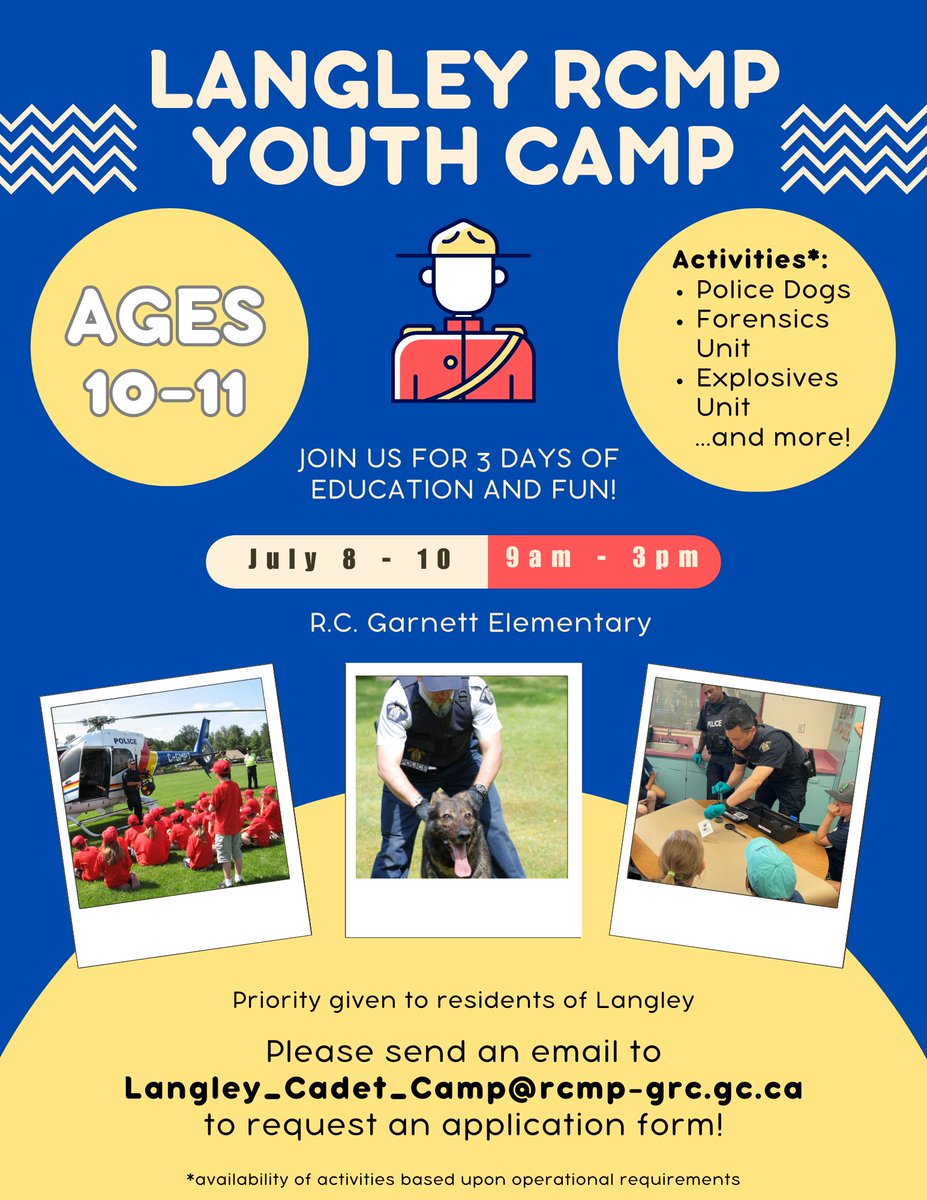 LangleyRCMP's tweet image. 🚨 Langley RCMP Youth Camp – Apply Now! 🚨

✅ Free hands-on RCMP experience for youth!
📅 Deadline: May 6 (No late apps!)
📍 Get forms at the main detachment, CPOs, or request a PDF (see poster).

Questions? Email Langley_Cadet_Camp@rcmp-grc.gc.ca. 🚔 #RCMPYouthCamp #LangleyRCMP
