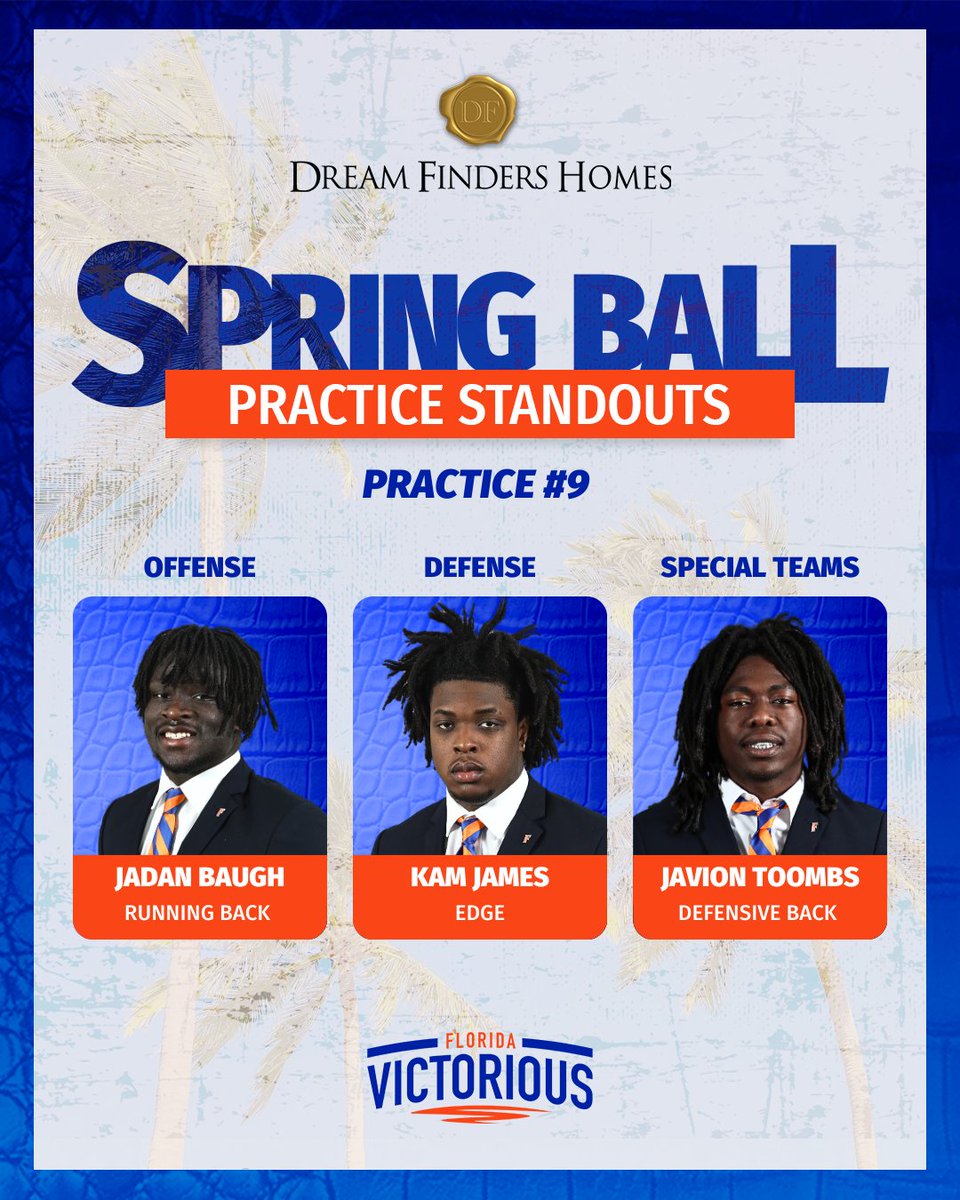 Congrats to the <a href="/Dream_Finders/">Dream Finders Homes</a> Spring Ball Practice Standouts for Practice #9! <a href="/1vibesjay/">1vibes.jay</a>, <a href="/thereal_kam_/">Kamran James</a>, &amp; <a href="/JavionToombs/">Javion Toombs</a> all put in incredible effort at the scrimmage! 🏈🔥