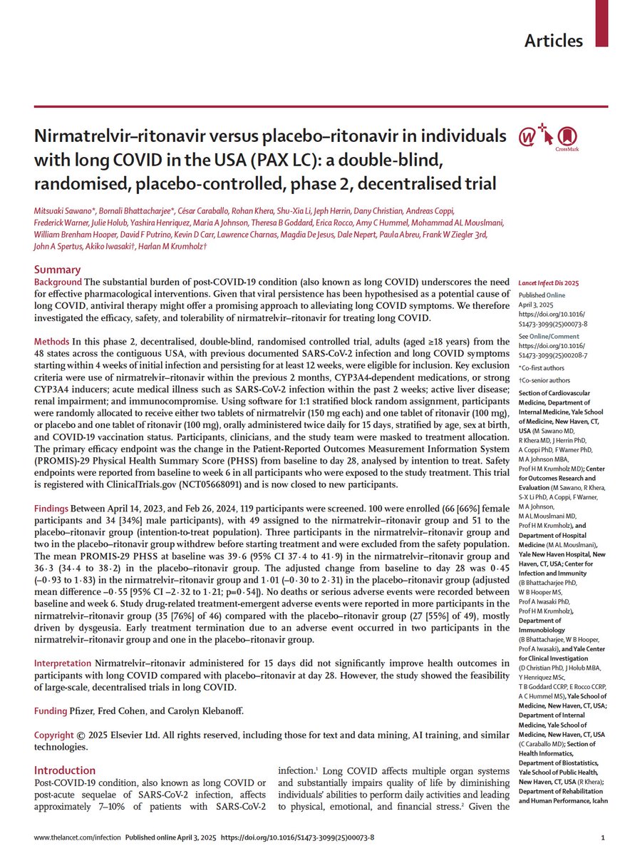 Mitsuaki Sawano, MD (@mitsuakisawano) on Twitter photo 1/5 🔥 Hot off the press — PAXLC trial results now in <a href="/TheLancetInfDis/">The Lancet Infectious Diseases</a> (🇯🇵日本語解説付き)
After 3 years of dedicated work, we’re proud to share results from PAX LC: a fully decentralized, double-blind, placebo-controlled, FDA-authorized Phase 2 trial of Paxlovid 1/5 🔥 Hot off the press — PAXLC trial results now in <a href="/TheLancetInfDis/">The Lancet Infectious Diseases</a> (🇯🇵日本語解説付き)
After 3 years of dedicated work, we’re proud to share results from PAX LC: a fully decentralized, double-blind, placebo-controlled, FDA-authorized Phase 2 trial of Paxlovid