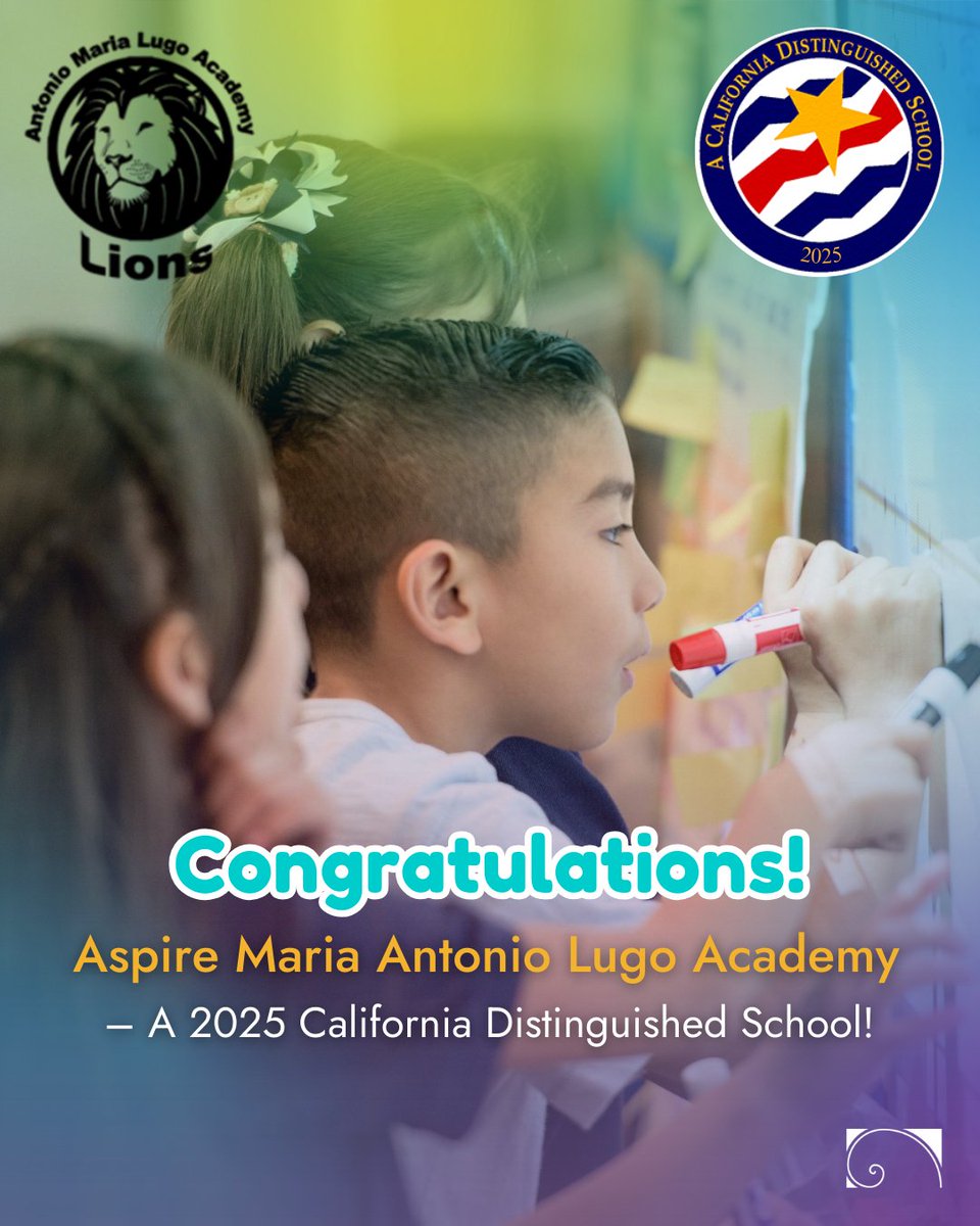 AspirePublicSchools (@aspire) on Twitter photo 🎉 Congratulations to #AspireAntonioMariaLugoAcademy for being named a 2025 California Distinguished School! 🌟
This honor from the <a href="/CADeptEd/">CA Department of Education</a> recognizes its dedication to closing achievement gaps and fostering student success. 🎉 Congratulations to #AspireAntonioMariaLugoAcademy for being named a 2025 California Distinguished School! 🌟
This honor from the <a href="/CADeptEd/">CA Department of Education</a> recognizes its dedication to closing achievement gaps and fostering student success.