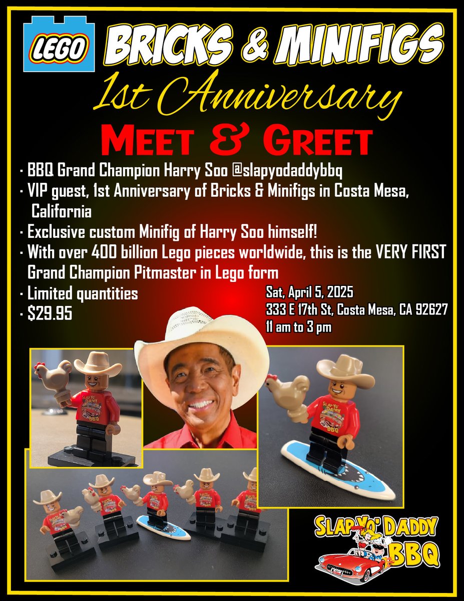 🔥 SoCal friends! This Saturday, swing by Bricks &amp; Minifigs in Costa Mesa for some BBQ samples and a meat-and-greet! One year since I debuted as the world’s first LEGO minifig pitmaster! Come say hi, grab a bite! 
#SlapYoDaddyBBQ #HarrySoo #LEGO #CostaMesa #bricksandminifigs