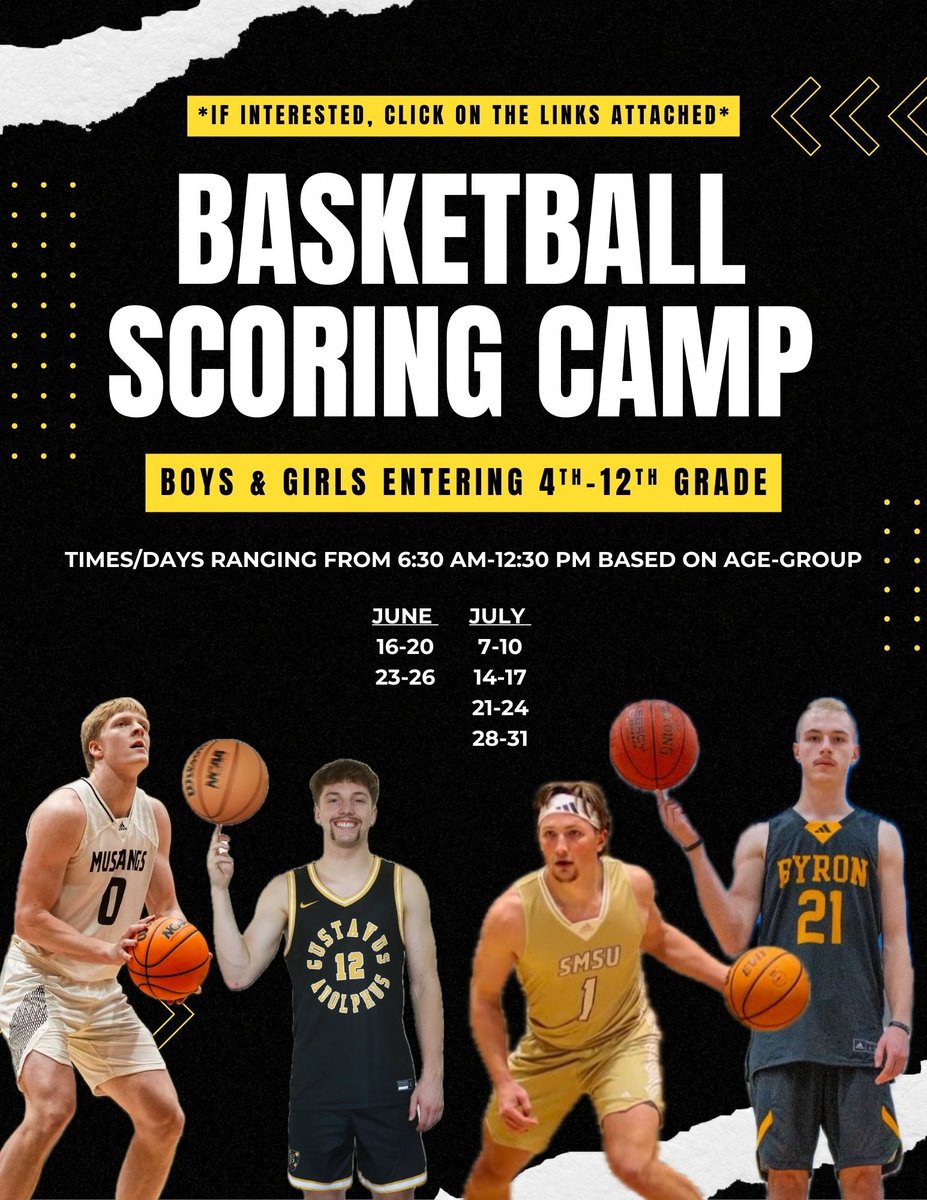 Jakob Braaten (@braaten_jakob) on Twitter photo Looking to improve your basketball skills this summer? Register with the links below to be ready for next season!!
If you have a question email jakob.braaten@my.smsu.edu
Scoring Camp (4-12 grade): byron.cr3.rschooltoday.com/public/getclas…
Basic Skills Camp (4-5 grade): byron.cr3.rschooltoday.com/public/costopt… Looking to improve your basketball skills this summer? Register with the links below to be ready for next season!!
If you have a question email jakob.braaten@my.smsu.edu
Scoring Camp (4-12 grade): byron.cr3.rschooltoday.com/public/getclas…
Basic Skills Camp (4-5 grade): byron.cr3.rschooltoday.com/public/costopt…