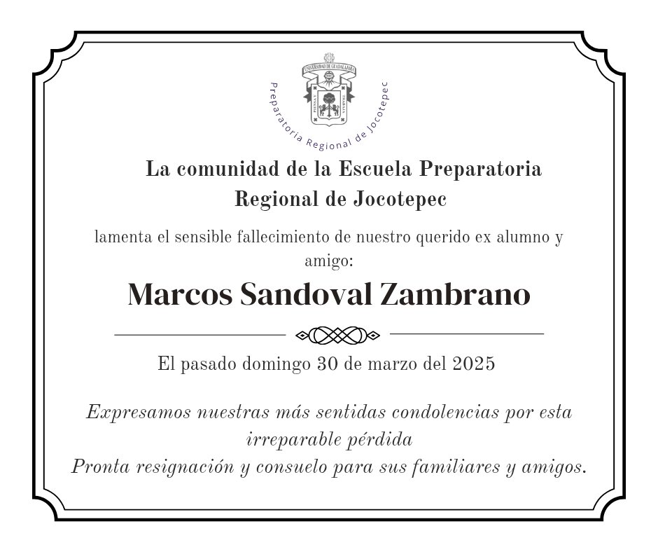 PrepaJocotepec's tweet photo. Despedimos a nuestro querido exalumno y amigo Marcos Sandoval Zambrano. 

Continúa rugiendo fuerte, que tú seguirás en nuestros corazones. 🦁🫂❤️

 #SomosSEMS #PrepaUDG #ComunidadUdeG #PrepaJocotepec #Jocotepec #UDG #QDEP https://t.co/Q1mBPIsmlp