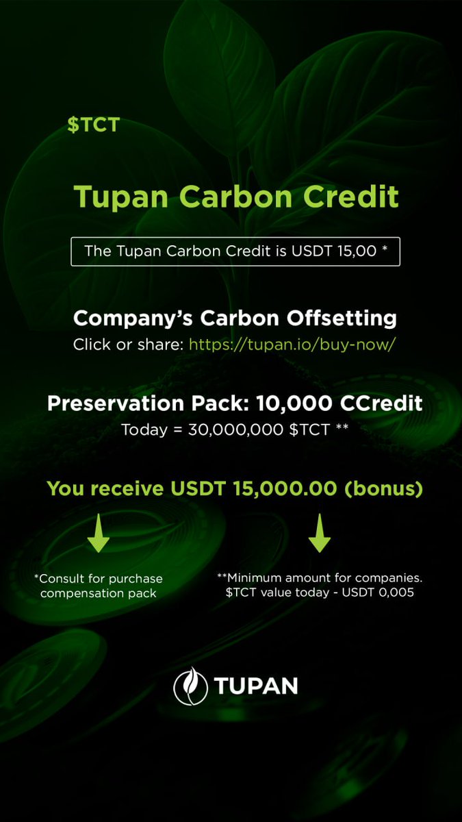 🔗 Turn referrals into rewards! 🎉 Earn a USDT 15k bonus💰 when your referral completes a purchase! ✅ Support sustainability 🌎 with 10,000 credits. ♻️✨ 

📲 Learn more: tupan.io

#Tupan #TupanCarbonCredits #Sustainability