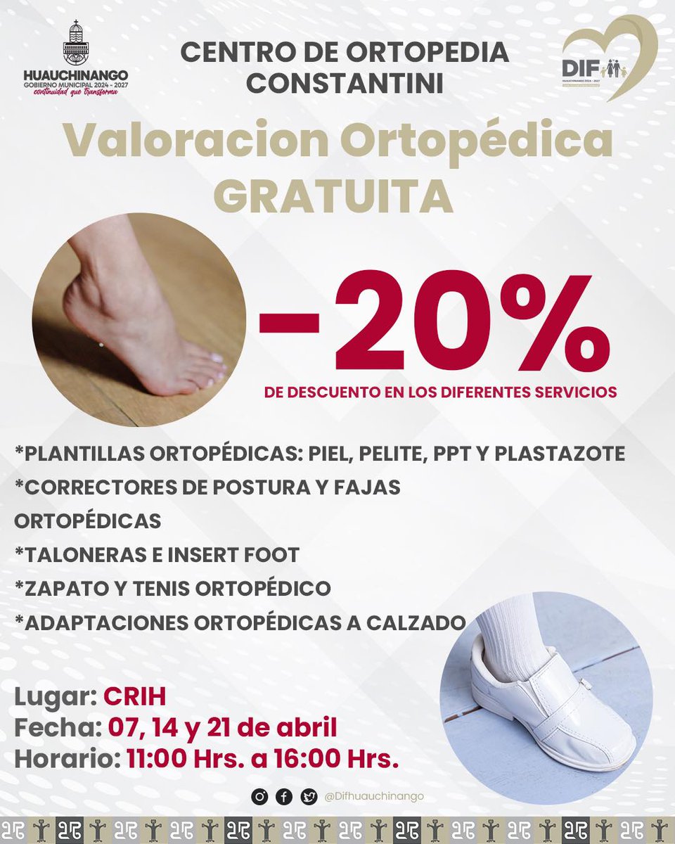 SMDIFHuauchi's tweet photo. El Sistema Municipal DIF a través de CRIH y en Coordinación con el Centro de Ortopedia #Constantini realizarán Valoraciones Ortopédicas Gratuitas.
Gracias a la gestión de nuestra Presidenta Arq. Guadalupe Lilián González Cabrera se brindará un descuento del -20% en la adquisición https://t.co/pryJndZA4s
