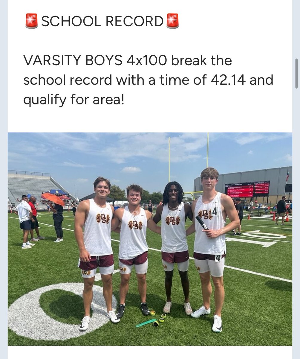 Jack Tyndall (@jacktyndall15) on Twitter photo New 4x100 school record❗️Next up, area🏃
<a href="/MerrikBloomgren/">Merrik Bloomgren</a> <a href="/TheJacksonMills/">Jackson Mills</a> <a href="/nicktyndall25/">Nick Tyndall</a> <a href="/KevinKilmer/">Kevin Kilmer</a> <a href="/AngeloStateFB/">Angelo State Football</a> <a href="/ben_reid31/">Ben_Reid</a> <a href="/dshs_xc/">DSHS XC / Track</a> New 4x100 school record❗️Next up, area🏃
<a href="/MerrikBloomgren/">Merrik Bloomgren</a> <a href="/TheJacksonMills/">Jackson Mills</a> <a href="/nicktyndall25/">Nick Tyndall</a> <a href="/KevinKilmer/">Kevin Kilmer</a> <a href="/AngeloStateFB/">Angelo State Football</a> <a href="/ben_reid31/">Ben_Reid</a> <a href="/dshs_xc/">DSHS XC / Track</a>