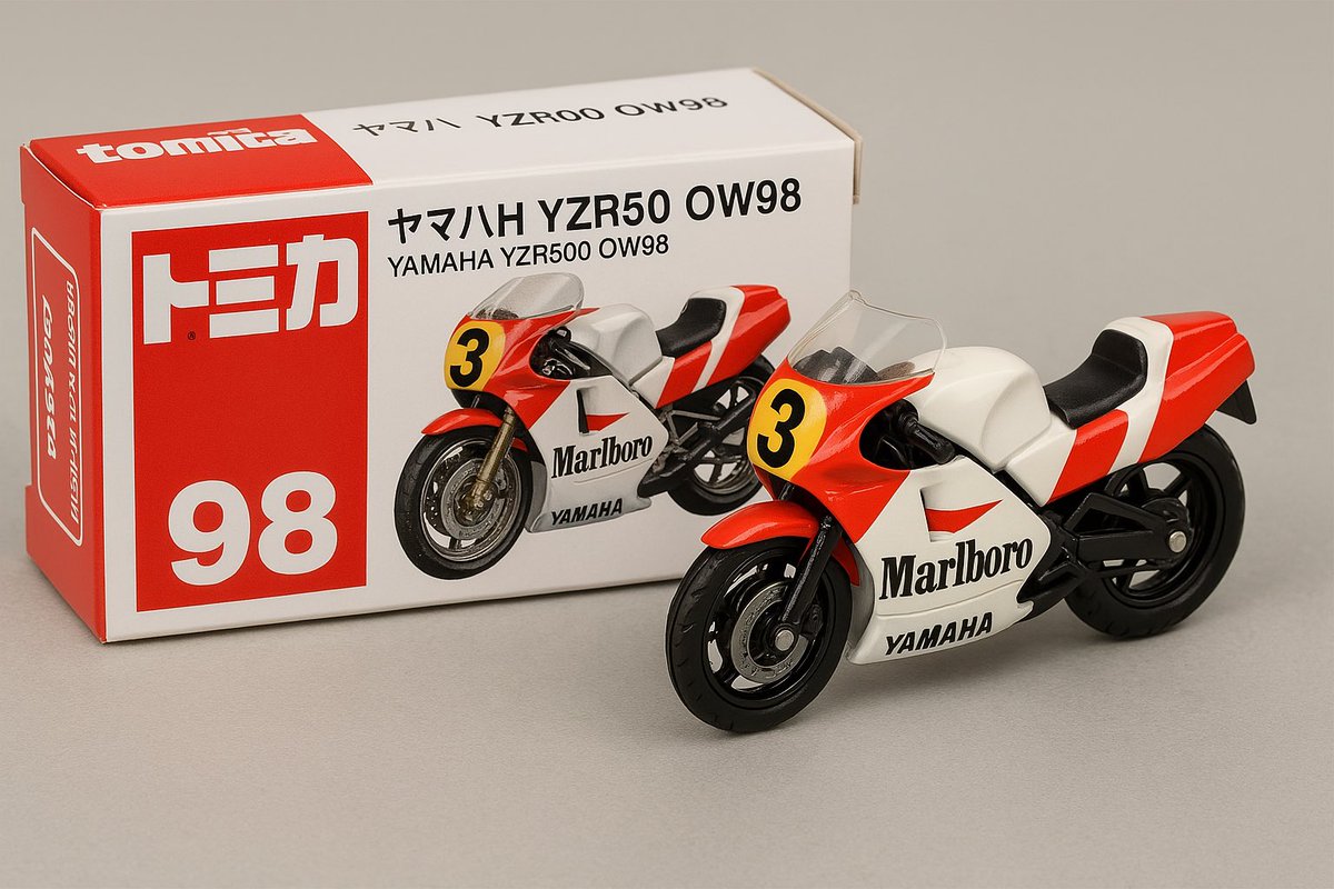 308Macky's tweet photo. ChatGPTの架空トミカ。
バイクシリーズで、ヤマハYZR500を試してみました。いい感じですが、箱表記とかゼッケンとかちょっと残念…
#生成トミカ
#ChatGPT https://t.co/fPEXmDV78o