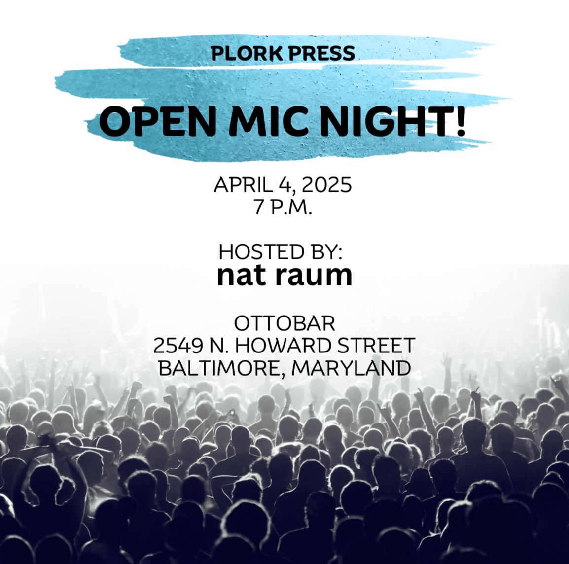 Our open mic night is tomorrow! 🎤 Come read your writing and network with other writers. 

The event is hosted by Plork Press alumni nat raum.

🗓️ Friday, April 4th at 7 PM in the Ottobar

#openmicnight #litmags #livereading #books #literaryevent