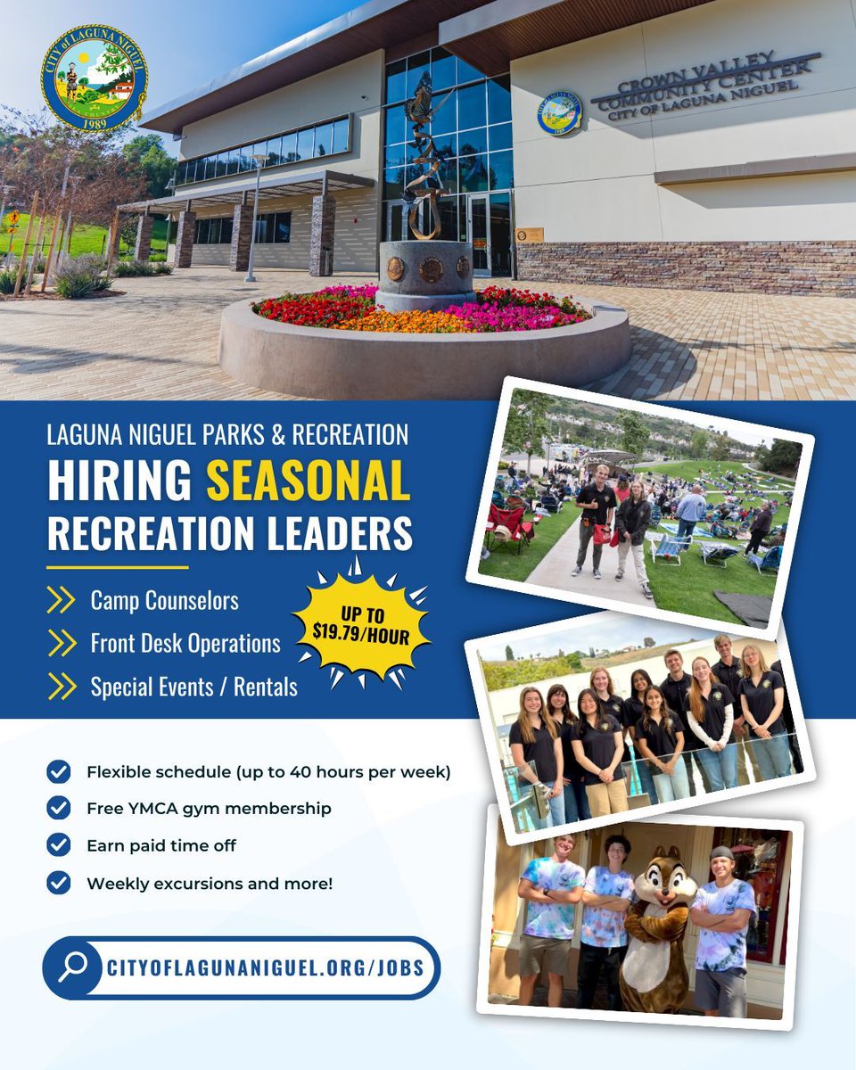 The City of Laguna Niguel is hiring seasonal Recreation Leaders! 

Key Responsibilities:
🔹 Camp Counselors
🔹 Front Desk Operations
🔹 Special Events/Rentals

Benefits:
🌟 Flexible schedule (up to 40 hours per week)
🌟 Free YMCA gym membership
🌟 Earn paid time off

➡️ Apply